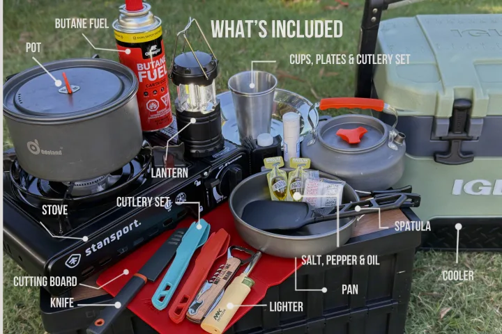 Equipped for adventure! This RV rental includes a camping kitchen: stove, pot, pan, cooler, cutlery, and cooking essentials.. Jeep Gladiator 2022