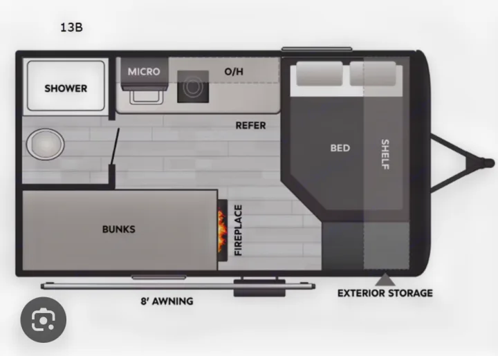 RV rental 13B floor plan: Compact travel trailer featuring shower, kitchen, bed, bunks, fireplace, and an 8' awning.. 4YDTCME14TM932345 13B 2025