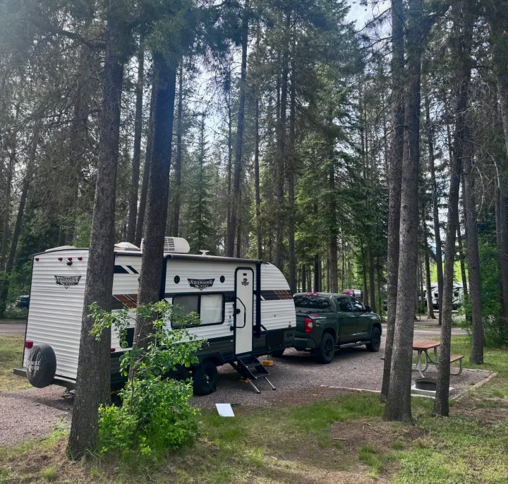 An RV rental travel trailer and truck are parked in a peaceful forest campsite with tall trees, a picnic table, and fire pit.. Forest River Wildwood X-Lite 2021