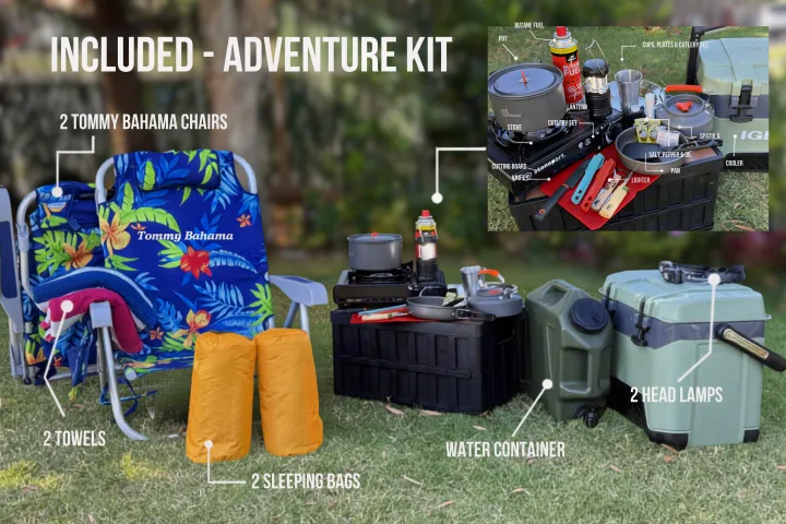 Enhance your RV rental! Adventure kit features chairs, sleeping bags, camping kitchen, cooler, water, and headlamps.. Jeep Gladiator 2022
