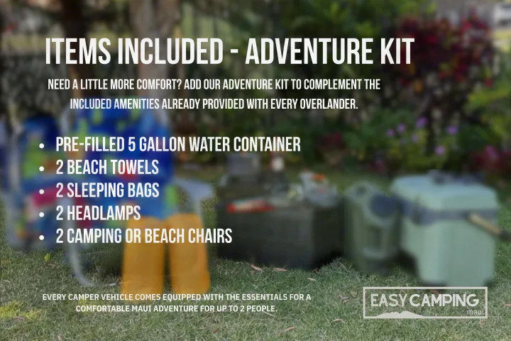 This RV rental's adventure kit includes a 5-gallon water container, 2 beach towels, sleeping bags, headlamps, and camping chairs.. Jeep Gladiator 2022