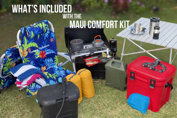 Maui Comfort Kit for your rv rental: camping stove, cooler, beach chairs, portable shower & more. Ready for adventure!. Jeep Gladiator 2022
