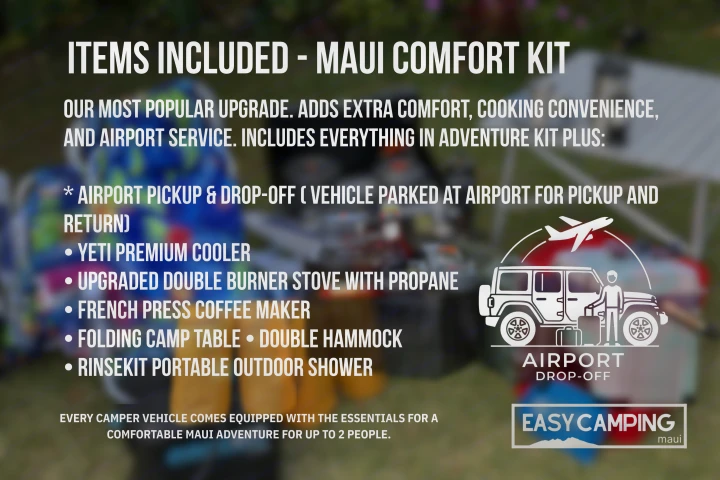 This RV rental "Maui Comfort Kit" details airport service, a Yeti cooler, stove, coffee, and more camping gear for a comfortable adventure.. Jeep Gladiator 2022