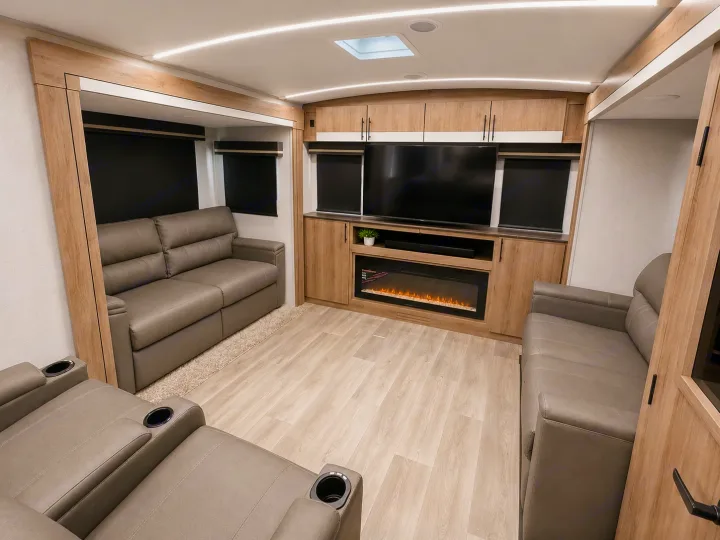 Luxury RV rental living space: sofa bed, recliners, electric fireplace, and TV. Light wood finishes & ambient lighting create a cozy feel.. Grand Design Imagine 2024