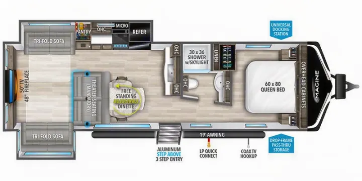 This RV rental floor plan shows a queen bed, kitchen, bath, dinette, theater seating, and sofas for comfortable travel.. Grand Design Imagine 2024
