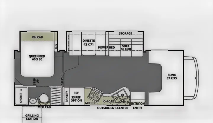 This RV rental floor plan details a queen bed, bunk, kitchen, dinette, and bath, perfect for planning your journey.. Coachmen Freelander 2018