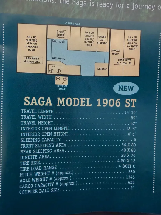 This image displays a Saga 1906 ST camper's floor plan and detailed specifications, useful for an rv rental, showing sleeping areas, dinette, and dimensions.. Viking 1906 2001