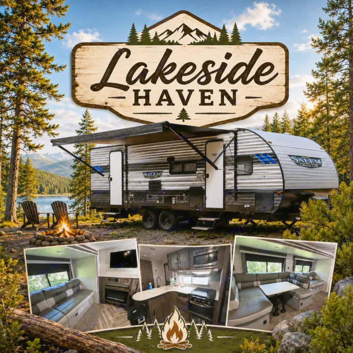 Lakeside Haven RV rental: scenic camping with a travel trailer by the lake. Includes cozy interior views, perfect for adventure.. Forest River Salem Cruise Lite 2022
