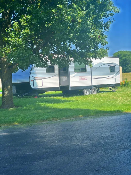 Coleman RV rental parked on a grassy site by a large tree. Paved area in the foreground.. Coleman Lantern Series 2016