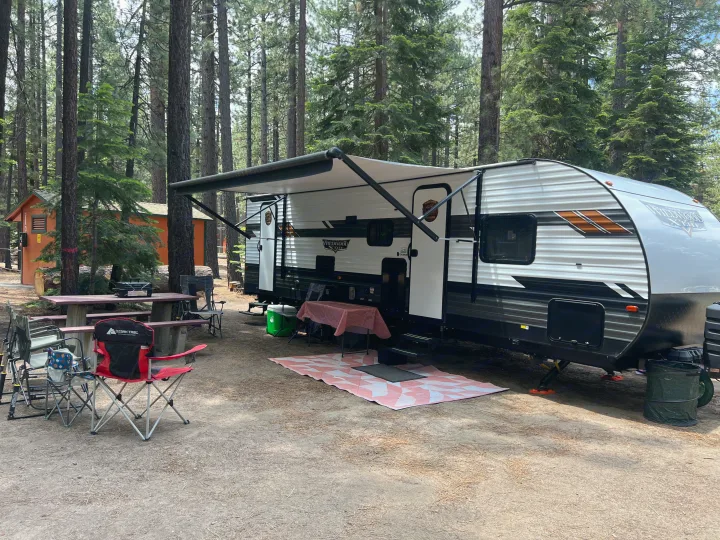 An RV rental is at a pine forest campsite, with an awning, picnic table, chairs, and outdoor rug.. Forest River Wildwood X-Lite 2020