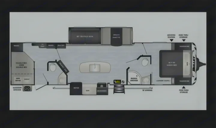 This RV rental floor plan is a detailed layout of a travel trailer, showing beds, kitchen, bath, and living areas.. Keystone RV Bullet Ultra Lite 2021