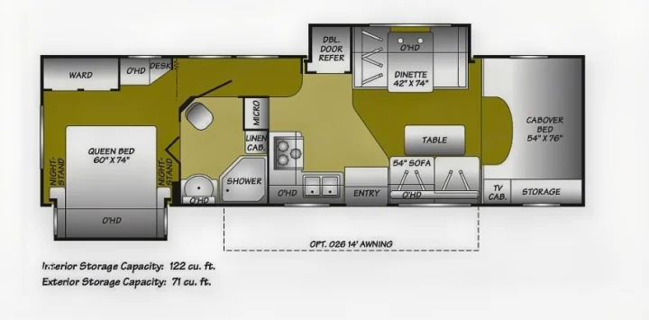 This RV rental floor plan details the interior layout with a queen bed, cabover bed, dinette, sofa, kitchen, bath, and storage.. Fleetwood Tioga 31M 2007