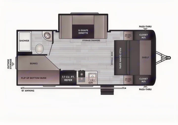Detailed RV rental floor plan: shower, bunks, U-dinette, fold-down sofa, and storage. Ideal travel trailer setup.. Keystone RV Hideout Sport 2025