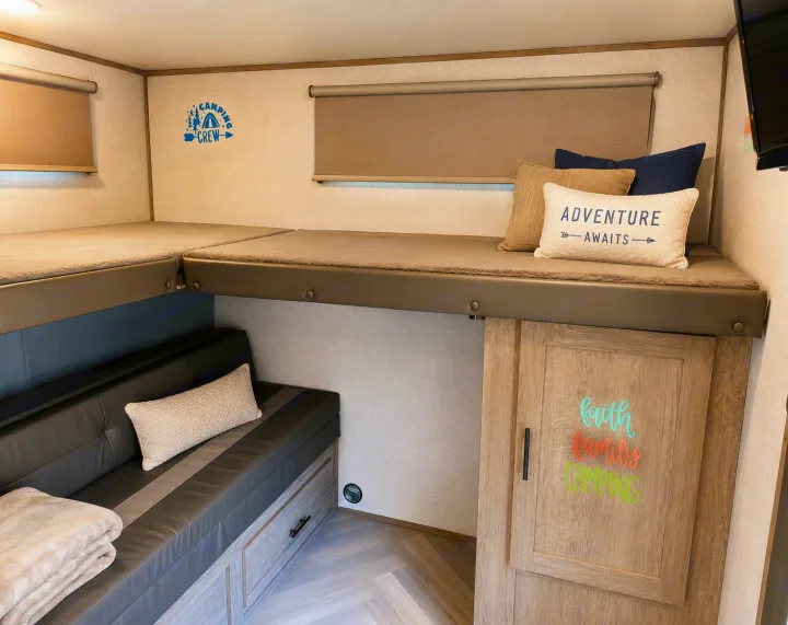 An rv rental's cozy interior, showing two bunk beds above a sofa with storage, decorated for family adventure.. Forest River Salem 2021