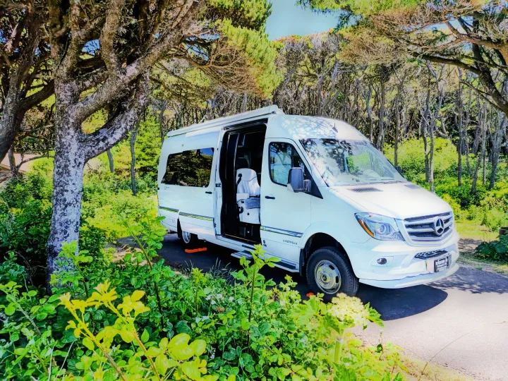 White Airstream RV rental parked with its side door open in a lush, green wooded area, ideal for nature camping.. Airstream Interstate 2017