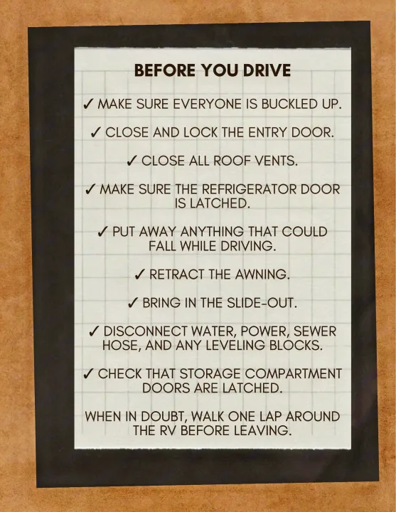 A printed RV rental checklist: 'BEFORE YOU DRIVE,' detailing essential steps like buckling up, securing doors, and disconnecting utilities.. Forester LE 2022
