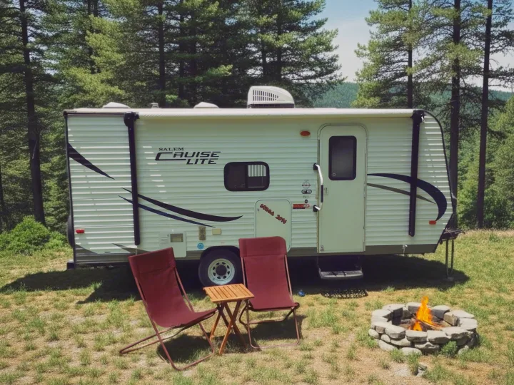 Serene RV rental site with a white travel trailer, red chairs, and a crackling campfire in a pine forest.. Forest River Salem Cruise Lite 2014