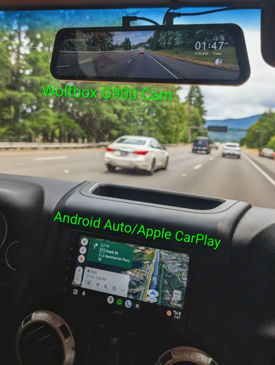 Inside a Jeep, a Wolfbox G900 dash cam records the highway, while Android Auto (Google Maps) navigates. Handy for any drive or rv rental trip.. Jeep Wrangler 2012