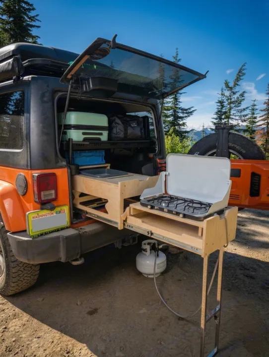RV rental Jeep Wrangler featuring a custom pull-out camping kitchen with a stove, sink, and propane tank for outdoor adventure.. Jeep Wrangler 2012