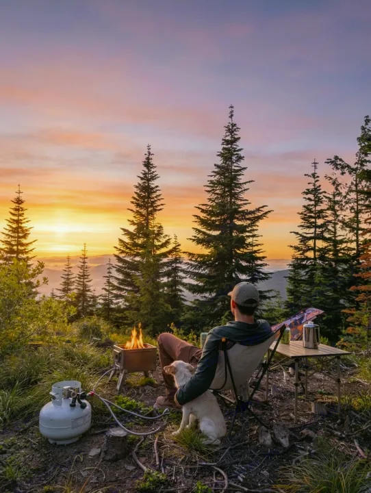 Peaceful RV rental camping: Person & dog enjoying a propane campfire at sunset, surrounded by beautiful pine trees.. Jeep Wrangler 2012