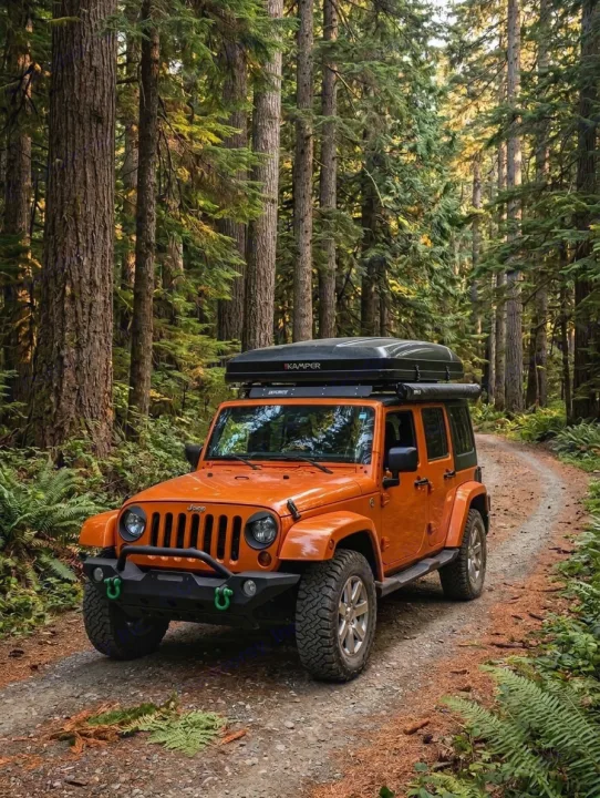 Orange Jeep Wrangler with a KAMPPER roof-top tent on a lush forest trail. Explore the wild with an RV rental!. Jeep Wrangler 2012