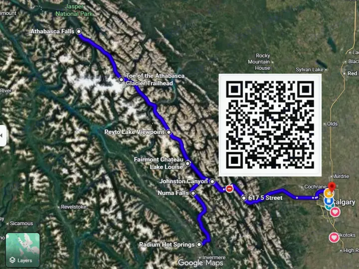 Scenic Canadian Rockies RV rental road trip map: Jasper to Calgary route with stops like Athabasca Falls & Lake Louise.. Toyota HIACE CAMPERVAN 2010