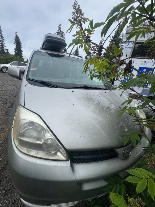 Front of a wet silver Toyota minivan with roof box, parked on gravel. Green foliage and trees visible. Could be near an rv rental office.. Toyota Toyota Sienna XLE 2005