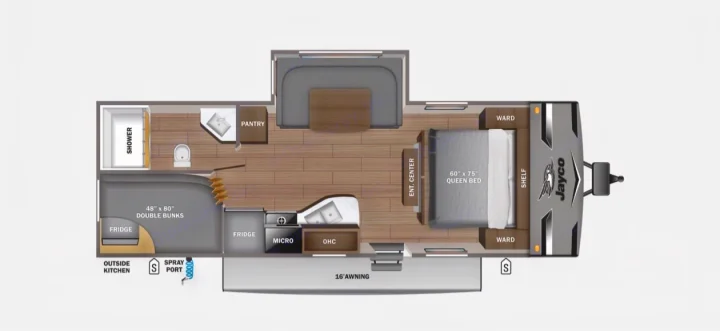 Detailed Jayco 2023 Jay Flight 242BHS travel trailer floor plan, ideal for an rv rental, showing bunks, queen bed, and outdoor kitchen.. Jayco Jay Flight 2023