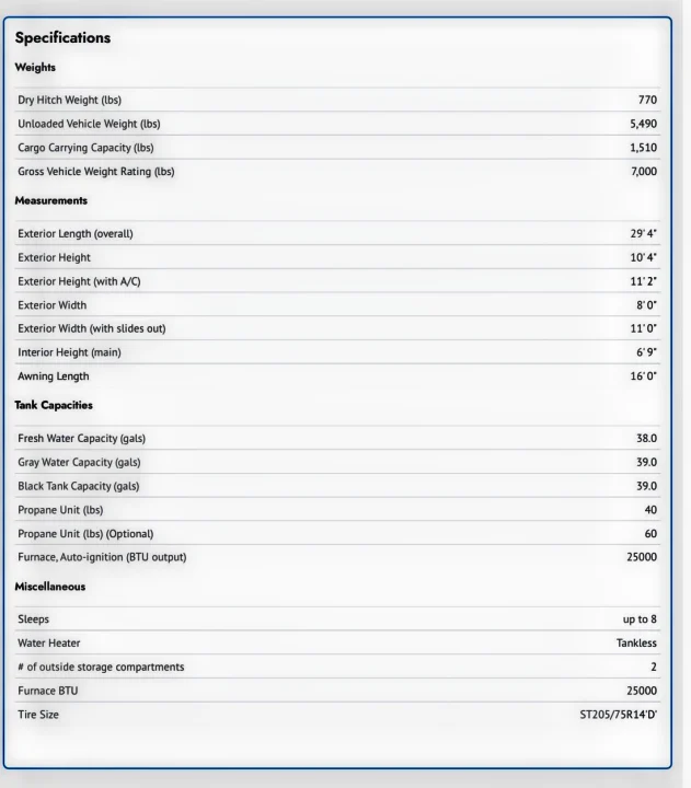 Detailed RV rental specifications: weights, dimensions, and tank capacities are presented, useful for planning your next trip.. Jayco Jay Flight 2023