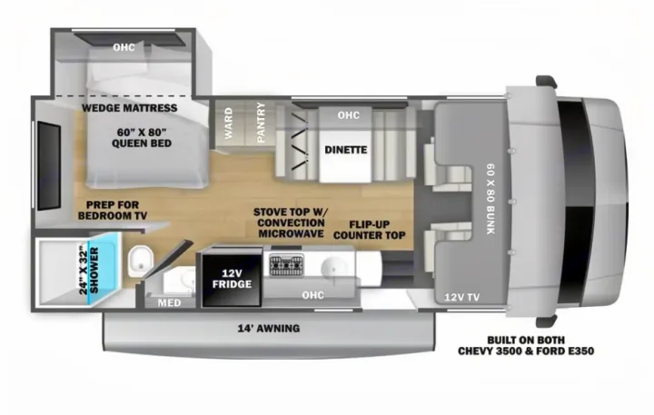 Detailed RV rental floor plan with queen bed, dinette, full kitchen, bathroom (24x32 shower), and a front bunk.. Forest River Sunseeker LE 2018