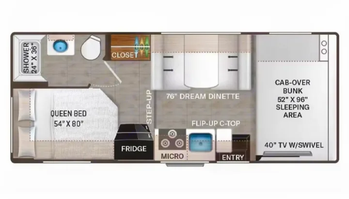 Detailed rv rental floor plan showing a queen bed, shower, toilet, dinette, kitchen, and a large cab-over bunk sleeping area.. Thor Four Winds 2024