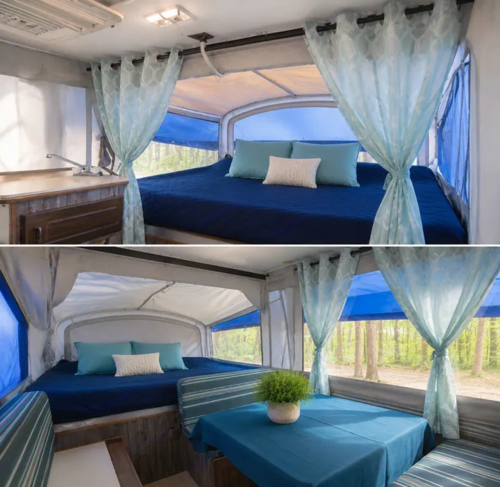 Cozy pop-up camper RV rental interior with blue bed, dinette, and kitchen area, offering serene forest views for your trip.. Coleman Santa Fe 2003