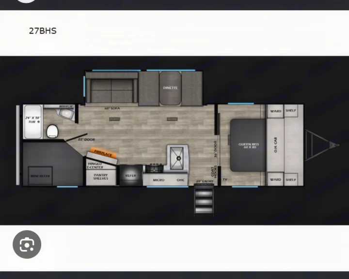 27BHS RV rental floor plan, showing interior layout with queen bed, dinette, kitchen, and bath. Perfect for your next adventure.. Crossroads RV Sunset Trail Sport 2025
