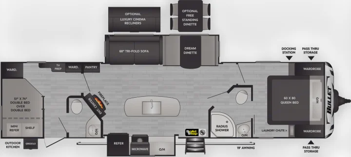 Explore this Bullet travel trailer RV rental floor plan with queen and bunk beds, full kitchen, bath, dinette, and outdoor amenities.. Keystone RV Bullet Ultra Lite 2018