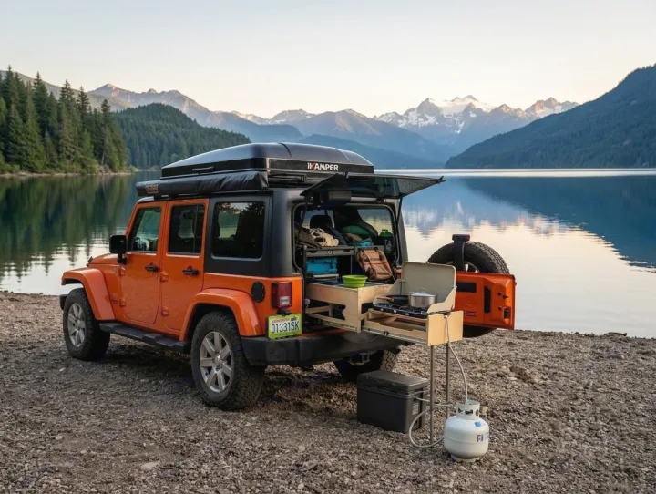 Orange Jeep Wrangler with rooftop tent & pull-out kitchen by a mountain lake. An ideal RV rental for rugged adventures.. Jeep Wrangler 2012