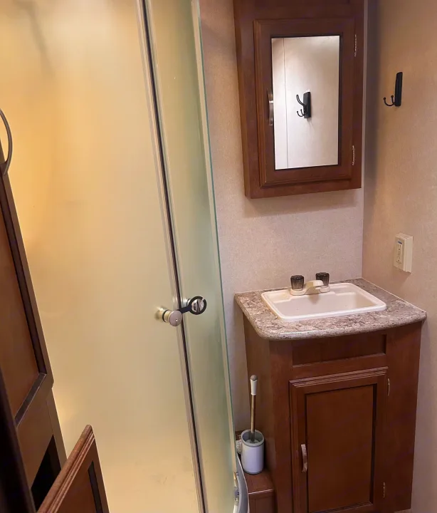 Compact RV rental bathroom: sink, vanity, medicine cabinet, frosted shower door, & wall hooks. Includes toilet brush.. Forest River Wildwood 2017