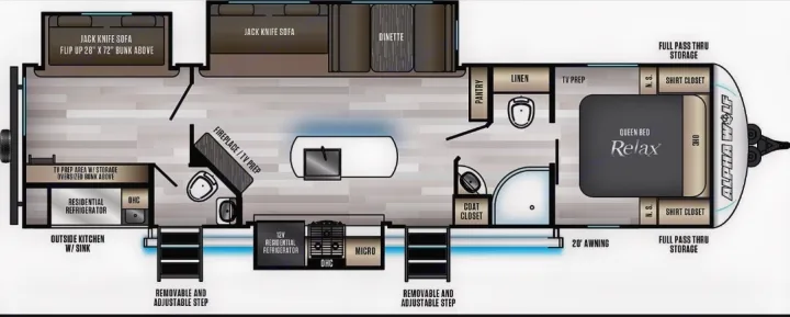RV rental floor plan: Queen bed, jack knife sofas, dinette, full kitchen, and bathroom layout for a spacious journey.. Forest River Cherokee Alpha Wolf 2021