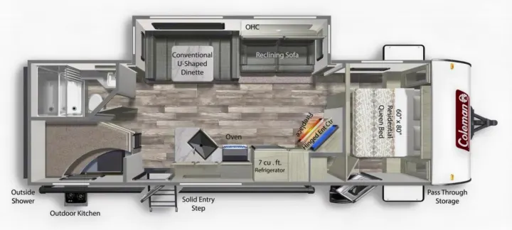 Explore this Coleman RV rental floor plan with a queen bed, U-dinette, kitchen, bath, reclining sofa, and outdoor kitchen.. Dutchmen Coleman Light 2022