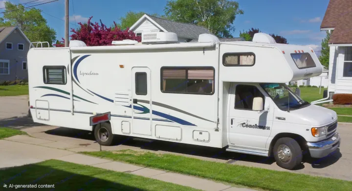 White Coachmen Leprechaun Class C RV rental, parked in a sunny suburban setting, ready for travel and recreation.. Coachmen Leprechaun 2009