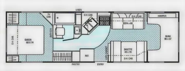 This RV rental floor plan reveals a queen bed, bunk, kitchen, bathroom, dinette, and sofa. Ideal for comfortable travel.. Coachmen Leprechaun 2009