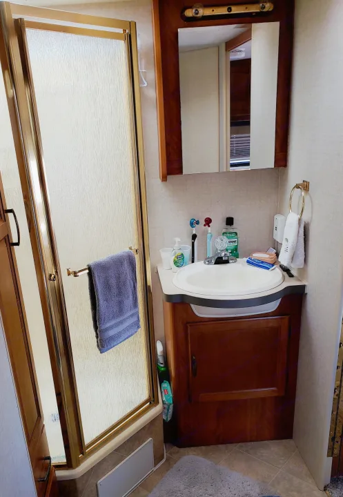RV rental bathroom featuring a shower with textured glass doors, a sink vanity with mirror, and toiletries.. Fleetwood Tioga 31M 2007