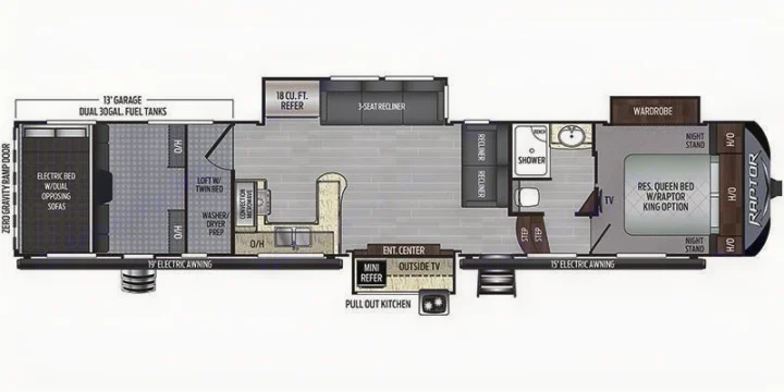 Detailed RV rental floor plan of a toy hauler, highlighting its 13' garage, living space, kitchen, and master suite.. Keystone Raptor 2020
