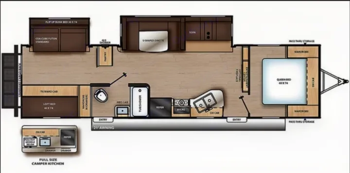 This RV rental floor plan details a spacious camper, featuring a queen bed, loft, bunks, U-shaped dinette, and full kitchen.. Coachmen Catalina Legacy 2022
