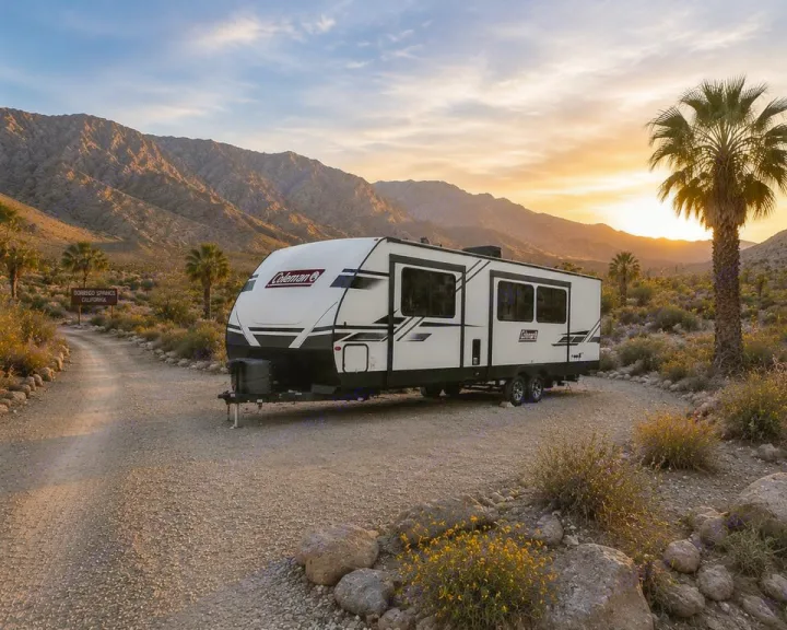 An RV rental, a white Coleman travel trailer, is parked on a desert dirt road at sunset, with mountains and palm trees.. Keystone RV 3055bs 2022