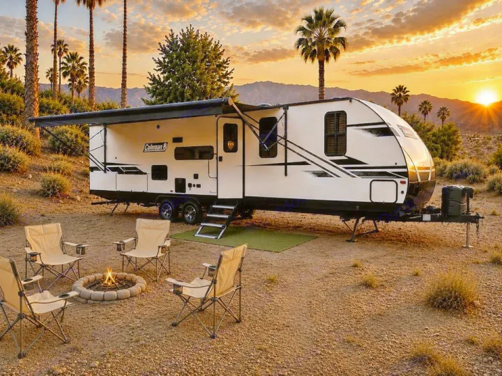 Experience a scenic **rv rental** trip! White travel trailer, campfire, and palm trees at a desert sunset.. Keystone RV 3055bs 2022
