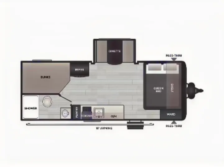 RV rental floor plan showcasing queen bed, bunks, dinette, kitchen, and full bathroom. Ideal for family travel.. Keystone Coleman 19B 2026