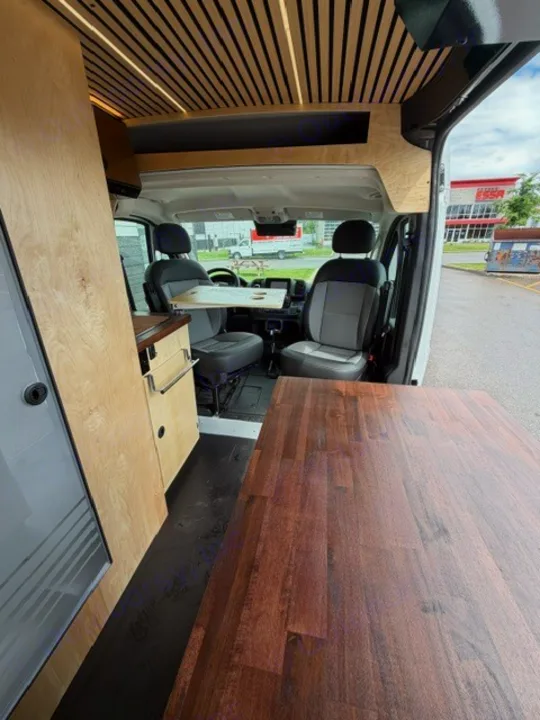 Inside a custom rv rental: features a sleek wood slat ceiling, modern cabinetry, and spacious workspace.. Safari Safari 2025