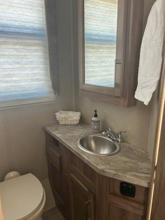 Functional RV rental bathroom with a toilet, sink, vanity, mirror, window with blinds, and light/fan switches.. Entegra Coach Odyssey 2019