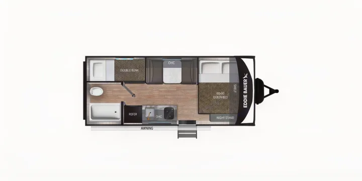 This Eddie Bauer RV rental floor plan shows its interior layout with queen bed, double bunks, kitchen, and bathroom.. Heartland RVs Eddie Bauer 2025
