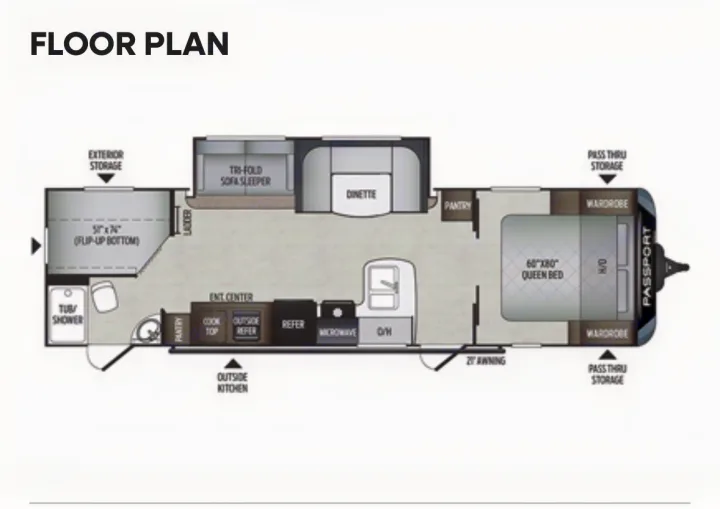 RV rental floor plan: Detailed layout of a travel trailer with queen bed, dinette, kitchen, bath, sofa sleeper, & storage.. Keystone RV Passport Grand Touring 2020